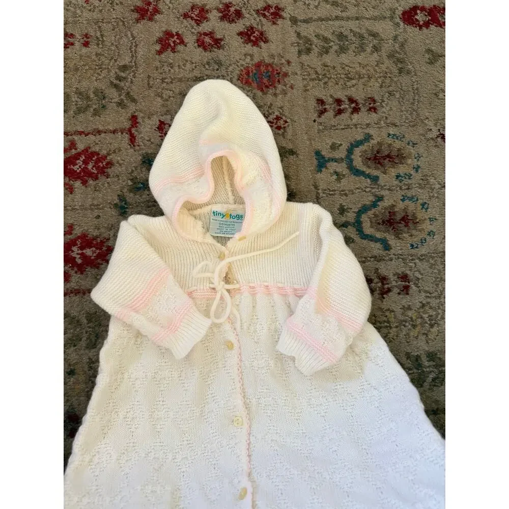 Tiny Togs Bath Robe Size 0/6 Months Ivory Knit Terry Cloth Hooded Slumber Party